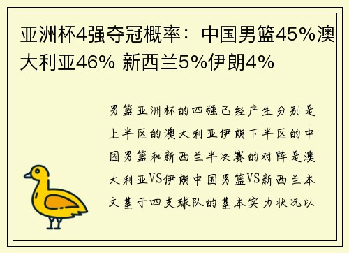 亚洲杯4强夺冠概率：中国男篮45%澳大利亚46% 新西兰5%伊朗4%