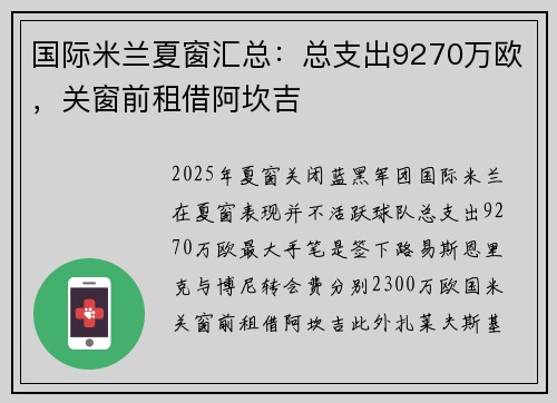 国际米兰夏窗汇总：总支出9270万欧，关窗前租借阿坎吉